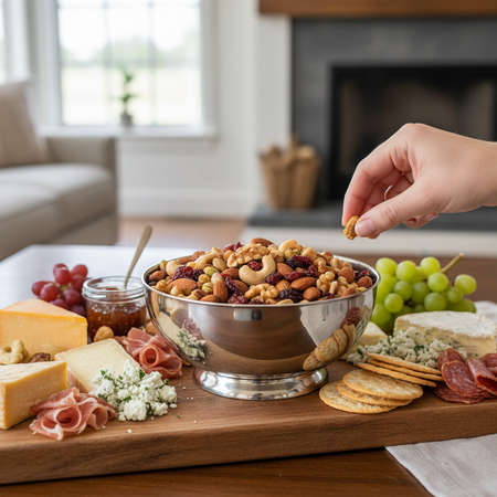 Gourmet nut mix in elegant bowl for entertaining charcuterie board