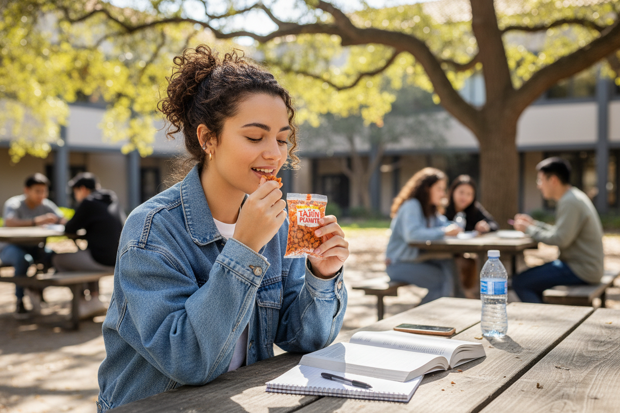 Student eating Tajin peanut snack pack at school during lunch break