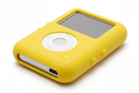 Close-up of yellow silicone protective case for iPod Nano showing click wheel access