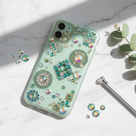 Light green multi-color rhinestone stickers applied to phone case showing fresh colorful bling