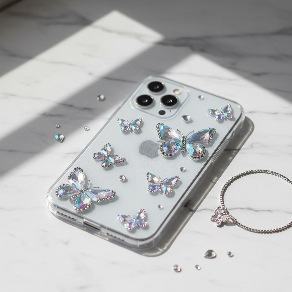 Butterfly rhinestone stickers applied to phone case showing elegant bling effect