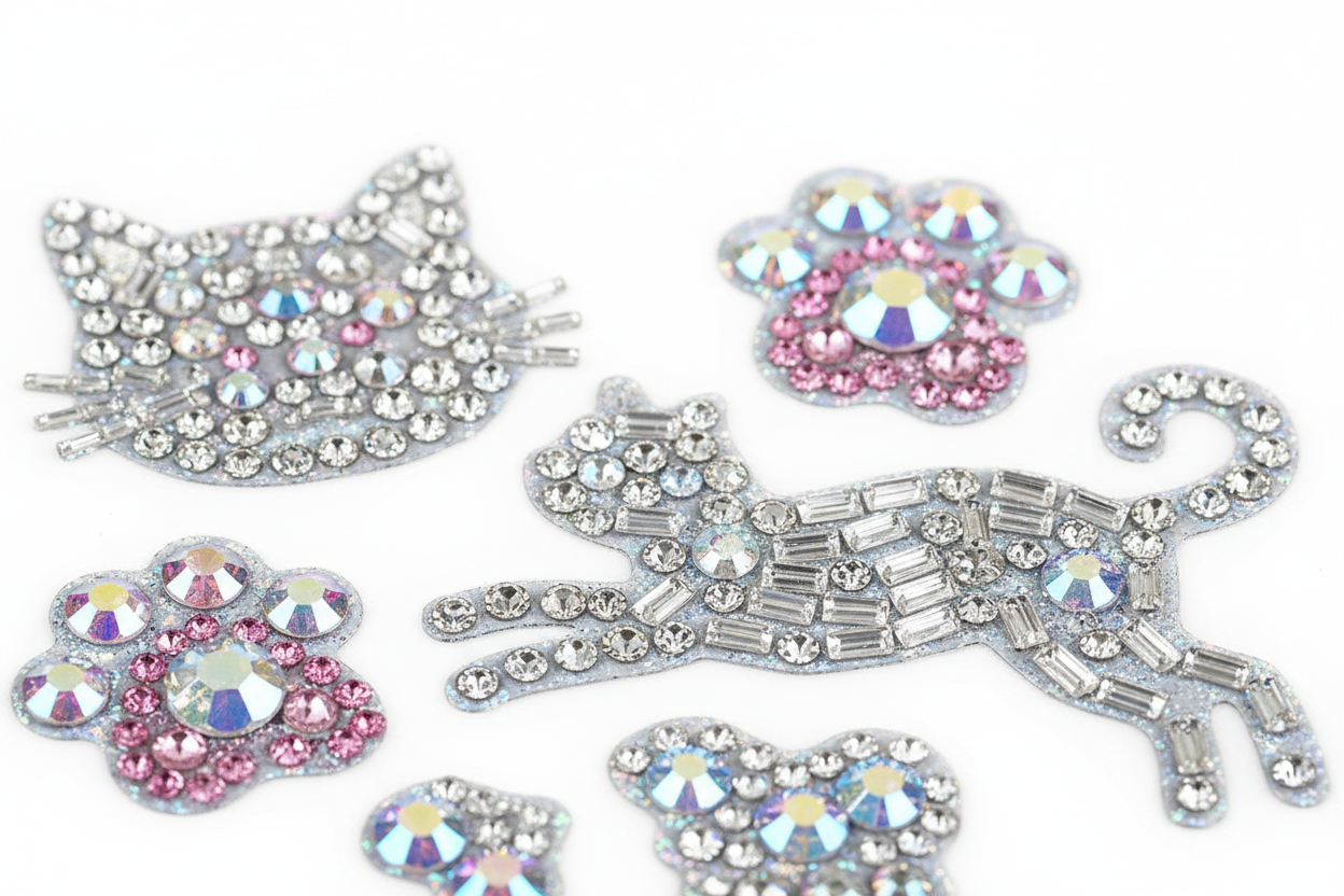 Close-up of cat rhinestone bling stickers showing individual sparkling gems