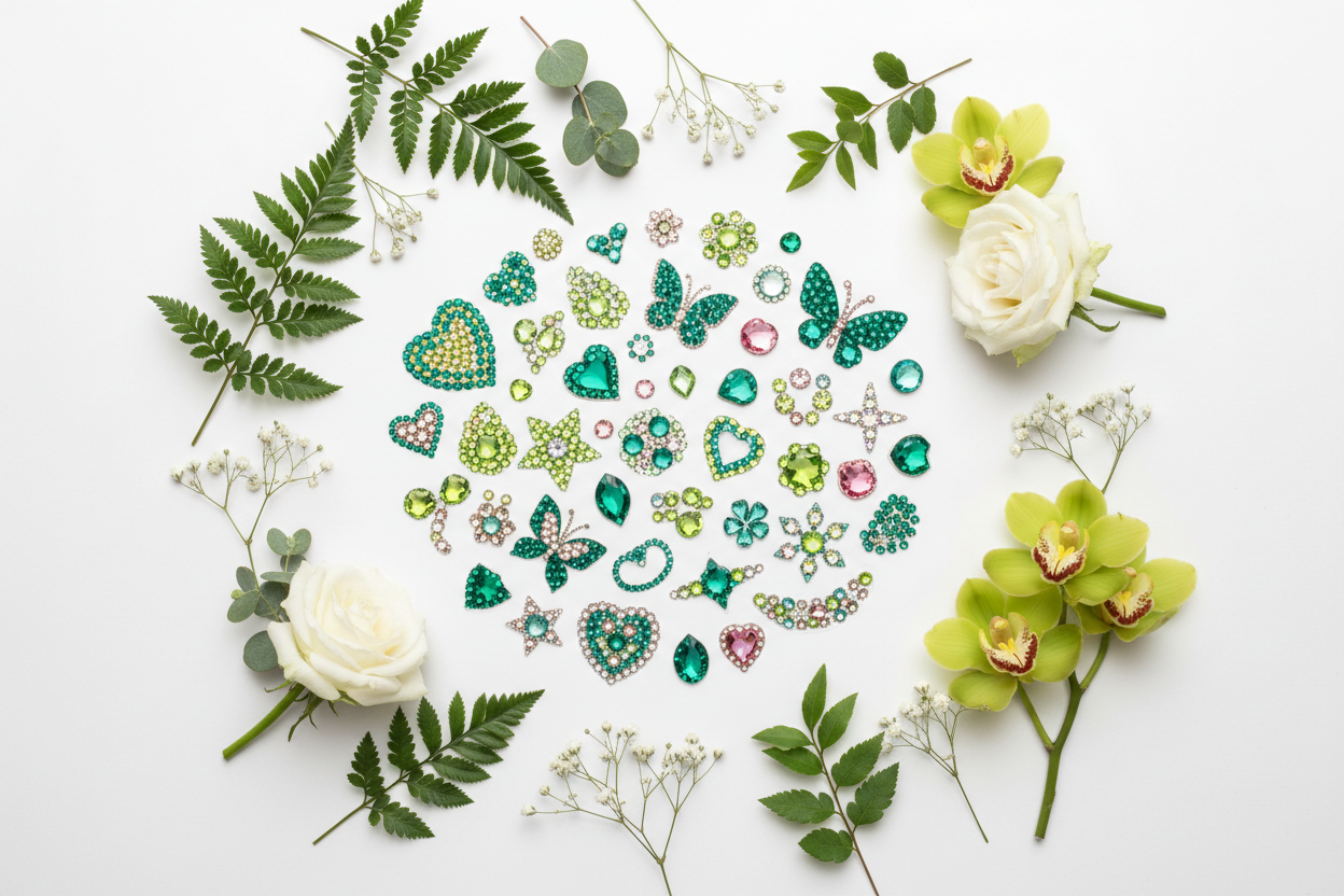 Green multi-color rhinestone phone stickers flat lay with natural green leaves and flowers