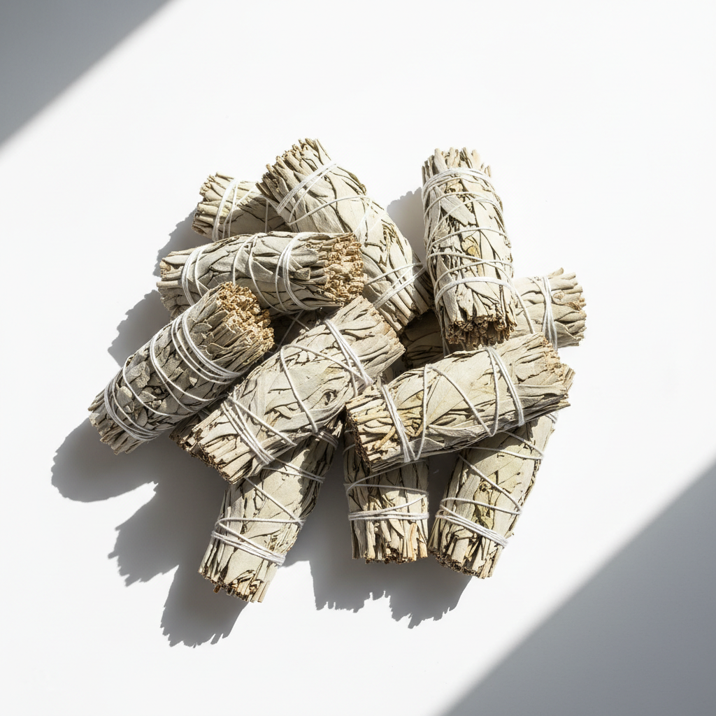 White sage smudge sticks arranged in group showing natural variations