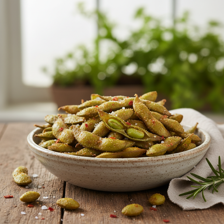 Roasted edamame in bowl showing crunchy texture healthy snack