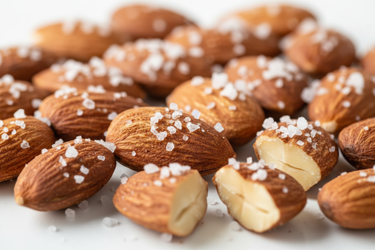 Close-up of roasted almonds with sea salt showing golden brown color and crunchy texture