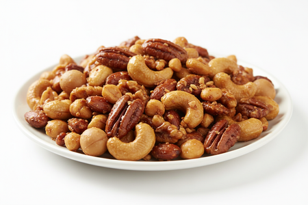 Close-up of honey roasted mixed nuts showing golden honey coating and variety