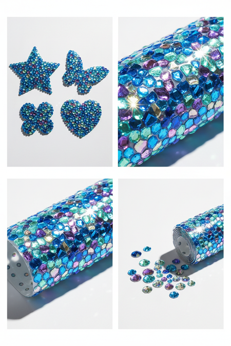 Multiple angle view of blue multi-color crystal rhinestone stickers showing sparkle effects