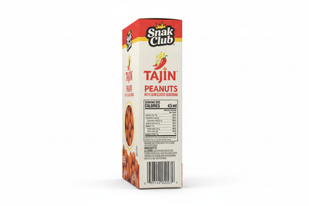 Snak Club Tajin peanuts box side view showing product details and branding