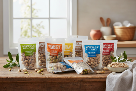 Beautiful lifestyle photography of Wonderful Pistachios No Shell variety pack with individual bags