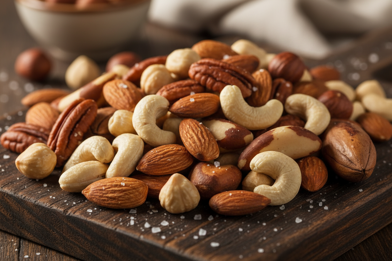Close-up of premium mixed nuts almonds cashews Brazil nuts pecans hazelnuts gourmet blend