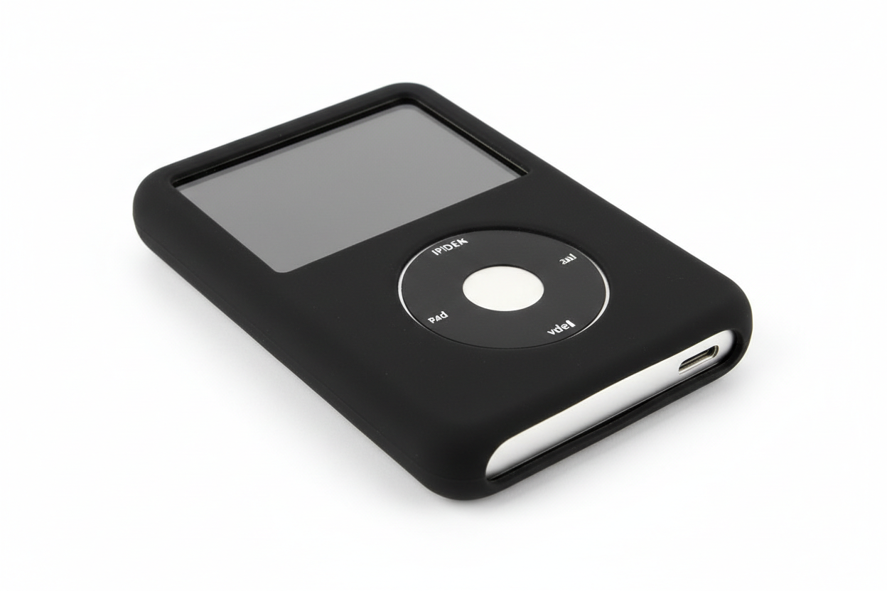 Close-up of black silicone protective case for iPod Video Classic showing click wheel access
