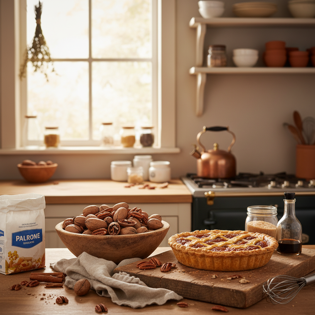 Pecans in wooden bowl with pecan pie and baking ingredients lifestyle photo