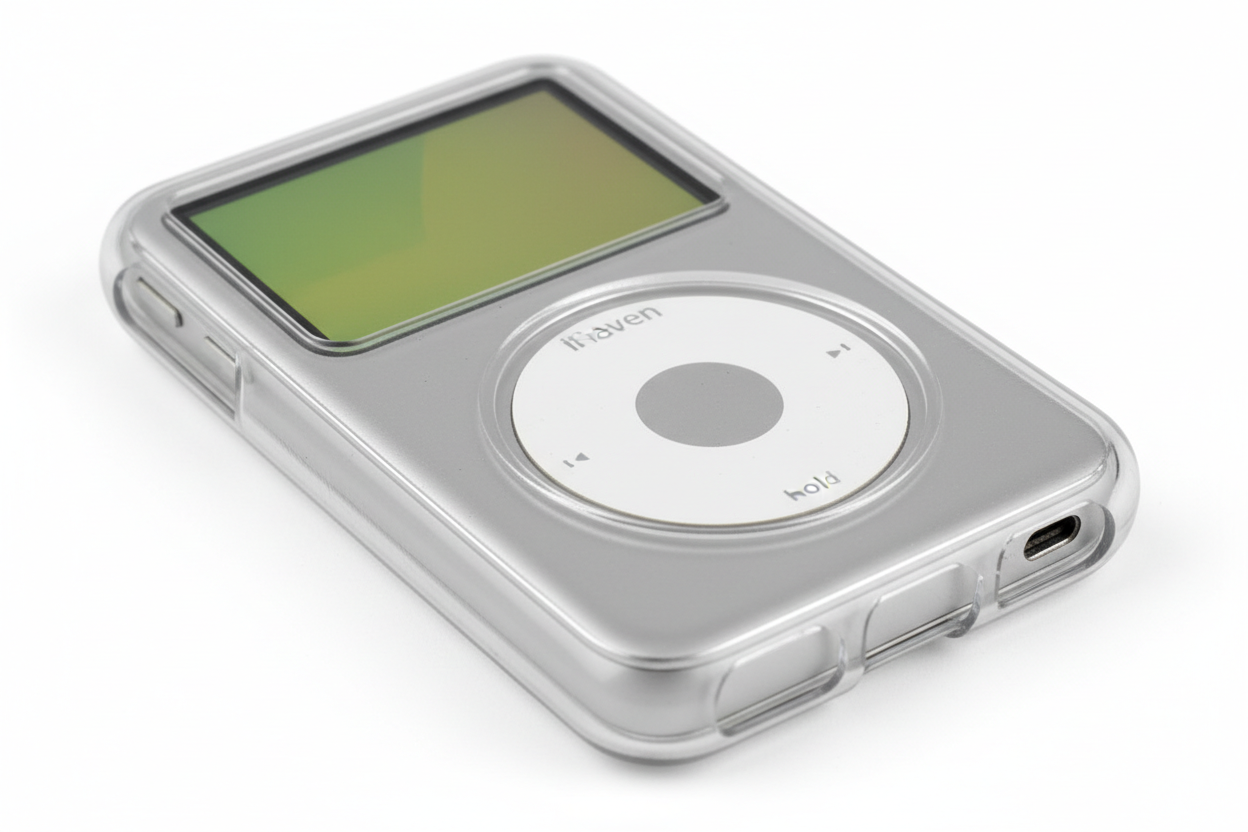 Close-up of crystal clear protective case for iPod Nano showing click wheel access