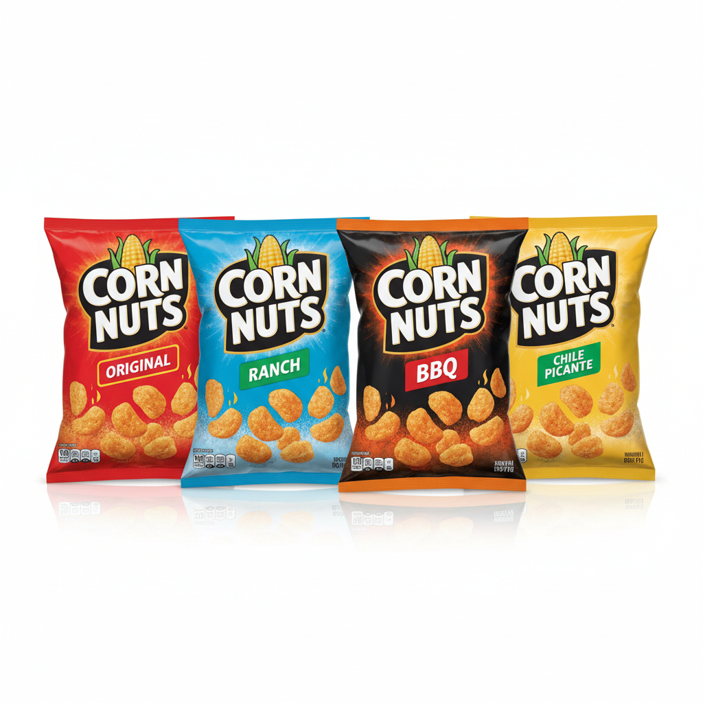All four Corn Nuts flavors Original Ranch BBQ Chile Picante bags arranged together