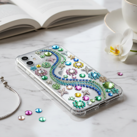 Green multi-color rhinestone stickers applied to phone case showing fresh colorful bling