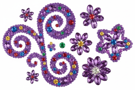 Close-up of purple multi-color rhinestone bling stickers showing individual sparkling gems