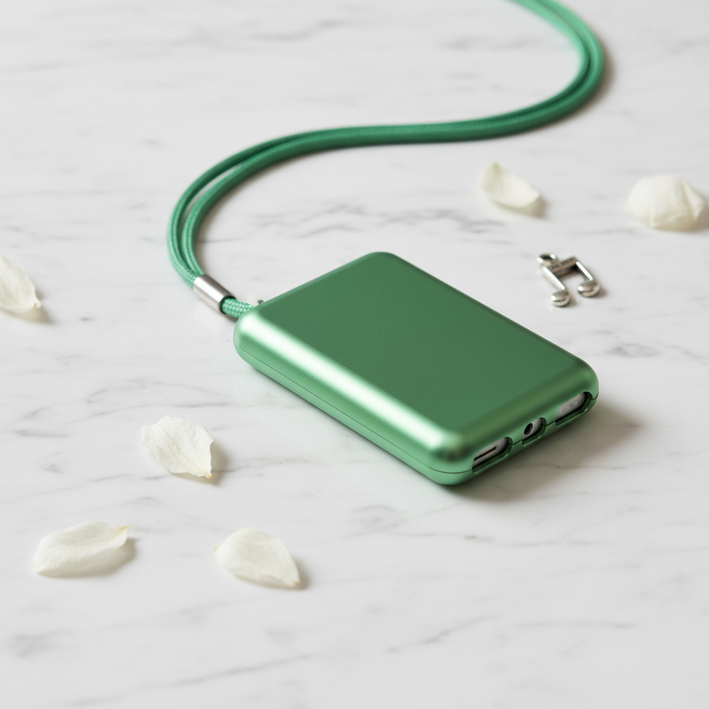 Light green hard metal iPod Nano case with necklace lanyard lifestyle photo