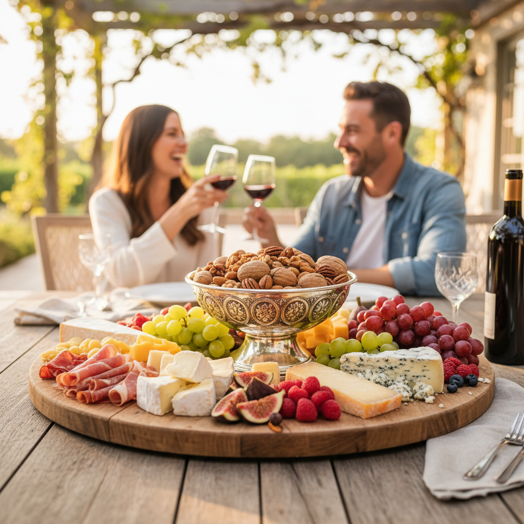 Mixed nuts in elegant bowl on charcuterie board for entertaining