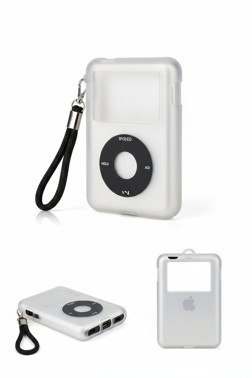 Multiple angle view of clear silicone case for iPod Video Classic showing cutouts and necklace