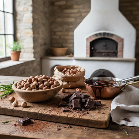 Raw hazelnuts in bowl with chocolate for baking