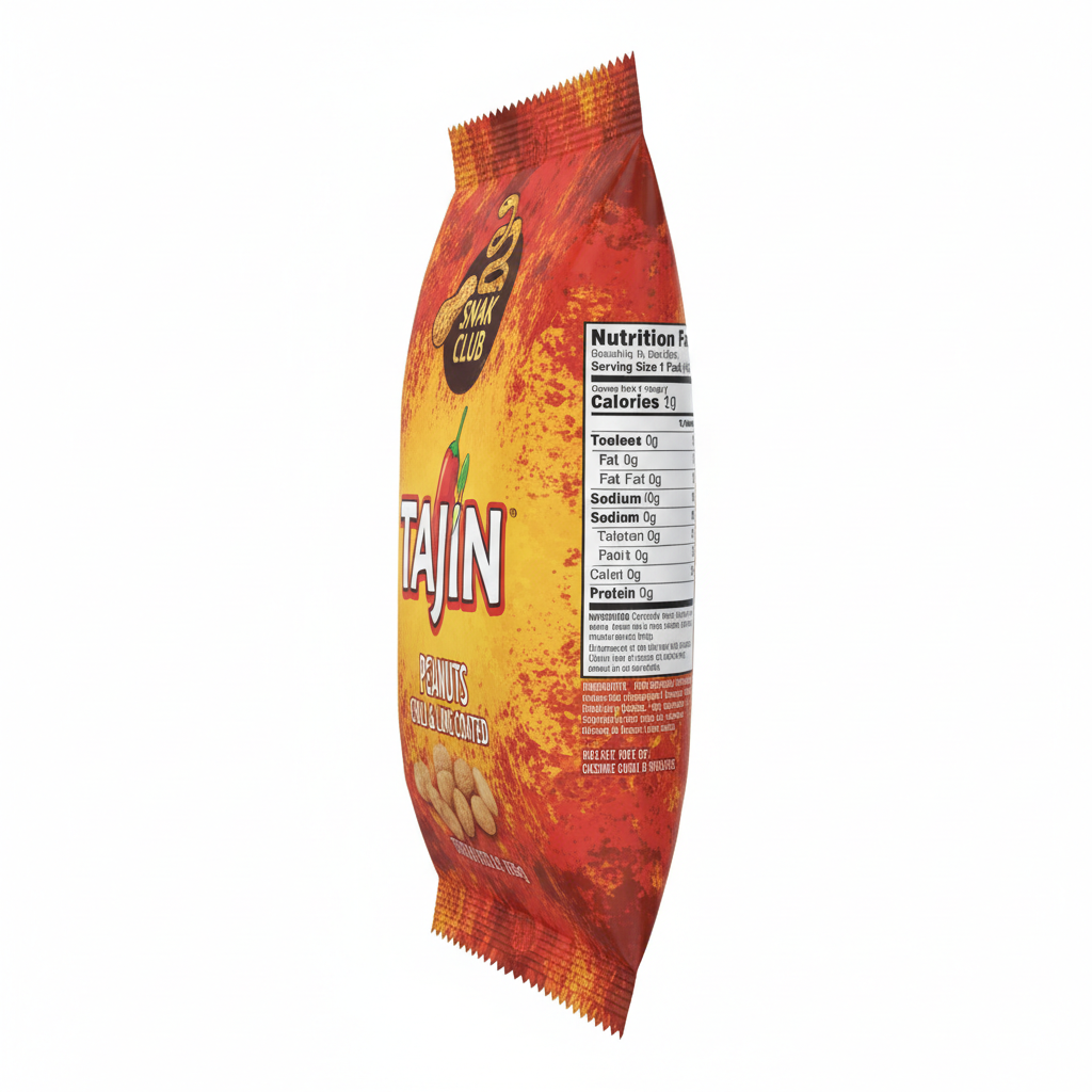 Snak Club Tajin peanuts individual pack side angle showing nutrition label and branding