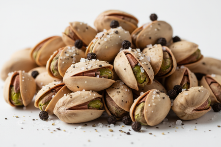 Close-up of roasted pistachios in shell with salt and pepper seasoning