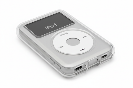 Close-up of clear transparent silicone protective case for iPod Nano showing click wheel access