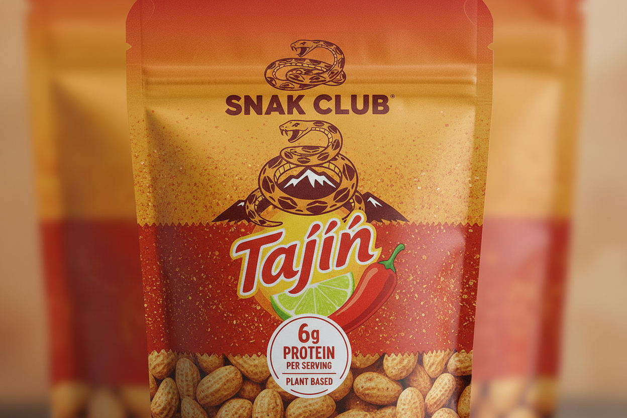 Close-up detail of Snak Club Tajin Chile Lime packaging showing logo and 6g protein