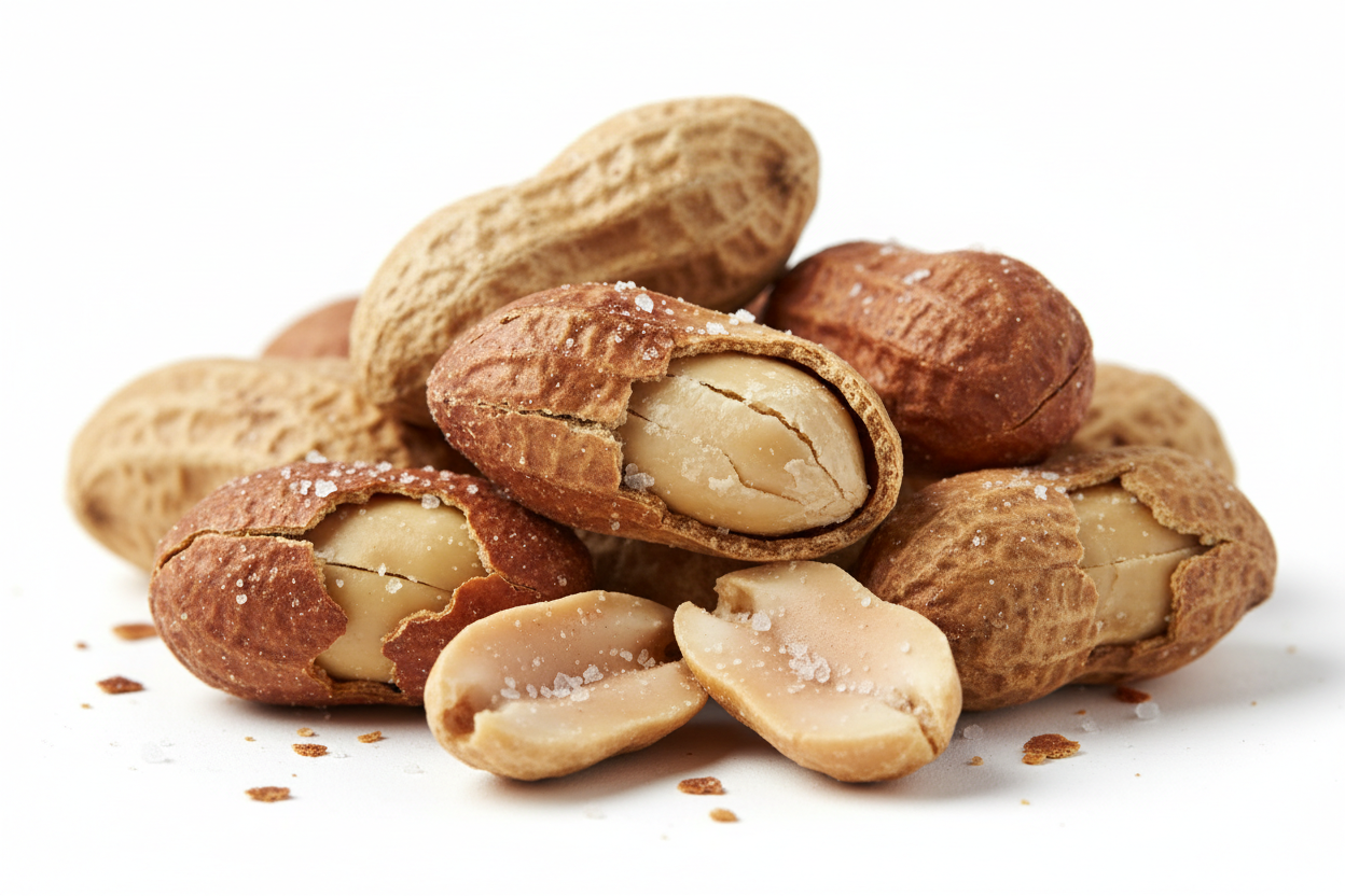 Close-up of dry roasted peanuts showing crunchy texture and light salt coating