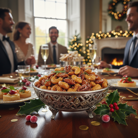 Honey roasted nuts in elegant bowl for party entertaining