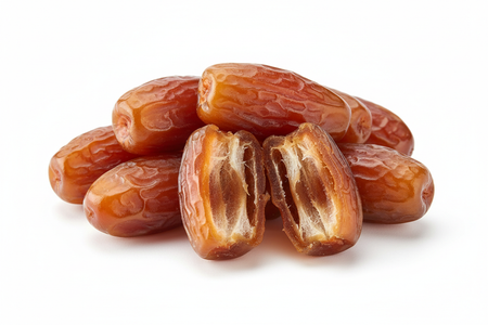 Close-up of organic Deglet Noor pitted dates showing golden translucent color and soft texture