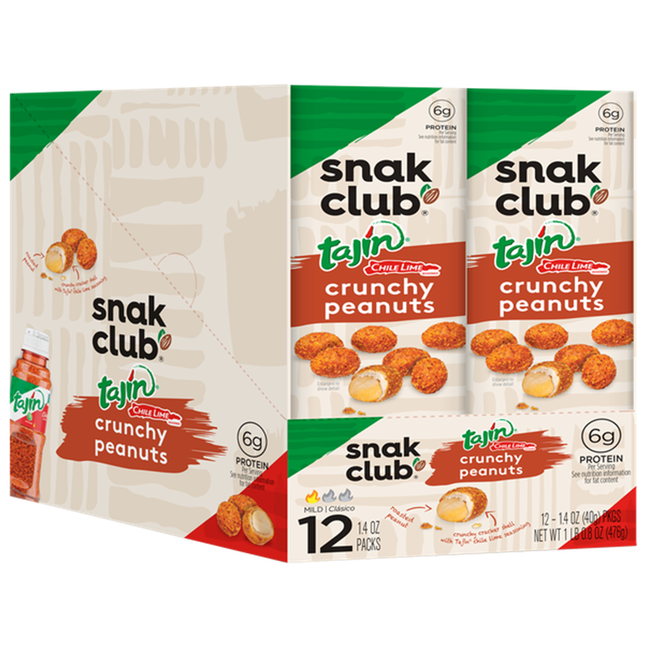Snak Club Tajin crunchy peanuts packaging on a white background
