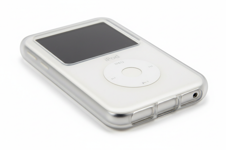 Close-up of clear silicone protective case for iPod Video Classic showing click wheel access