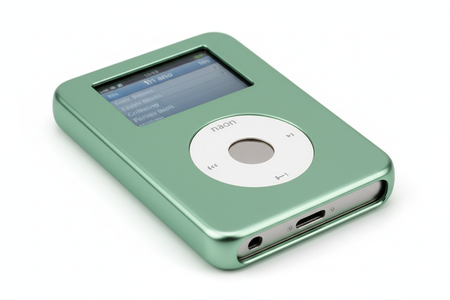 Close-up of light green hard metal protective case for iPod Nano showing click wheel access