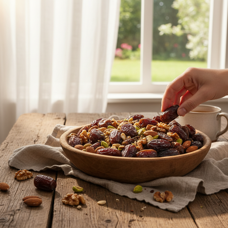 Organic dates in bowl with nuts for healthy snacking