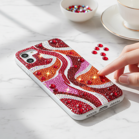 Red multi-color rhinestone stickers applied to phone case showing bold colorful bling