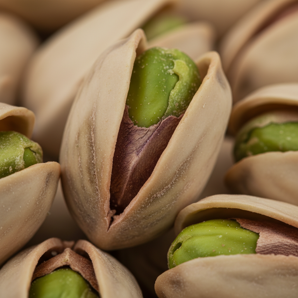 Stunning macro close-up of vibrant green shelled pistachios showing texture and detail