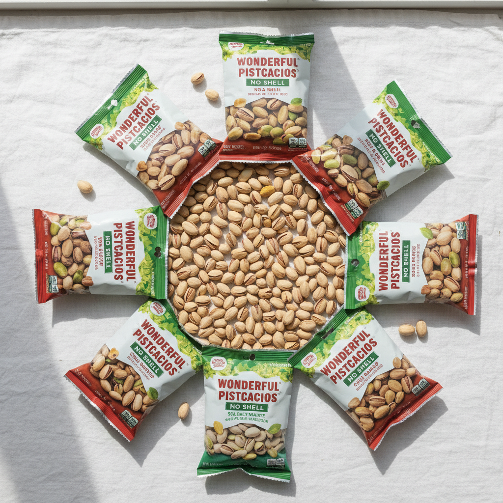Beautiful overhead flat lay of Wonderful Pistachios bags arranged with scattered kernels