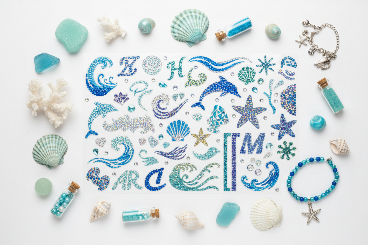 Blue multi-color rhinestone phone stickers flat lay with ocean-themed accessories