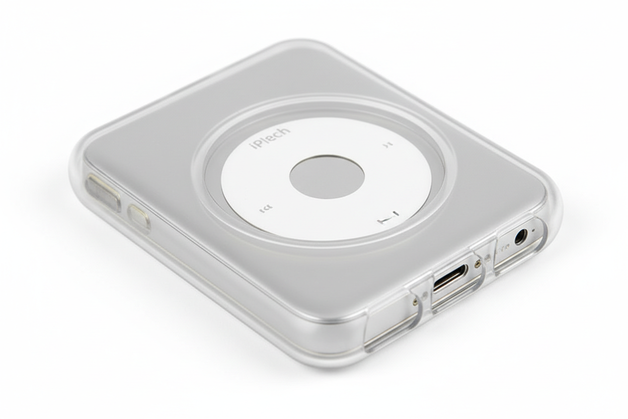 Close-up of crystal clear transparent silicone protective case for iPod Nano showing click wheel access