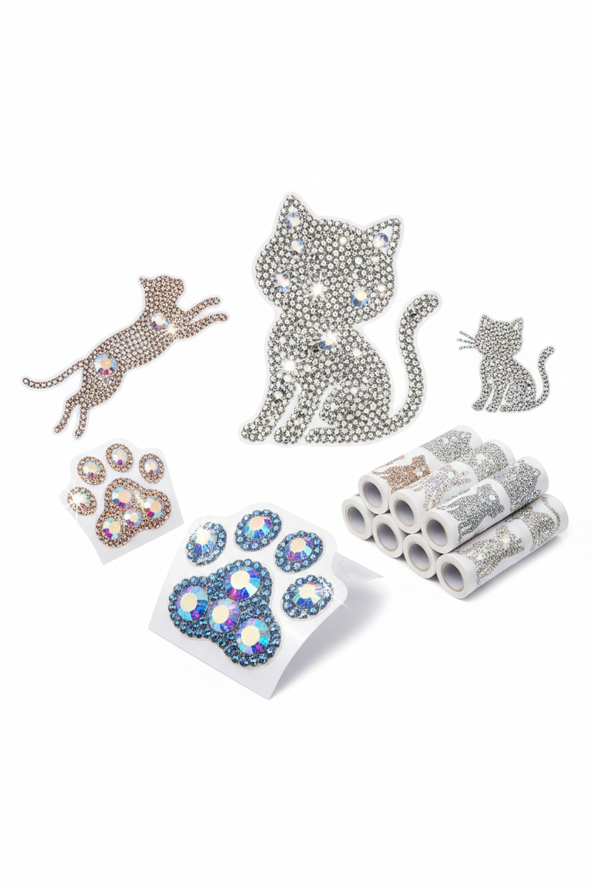 Multiple angle view of cat crystal rhinestone stickers showing sparkle effects