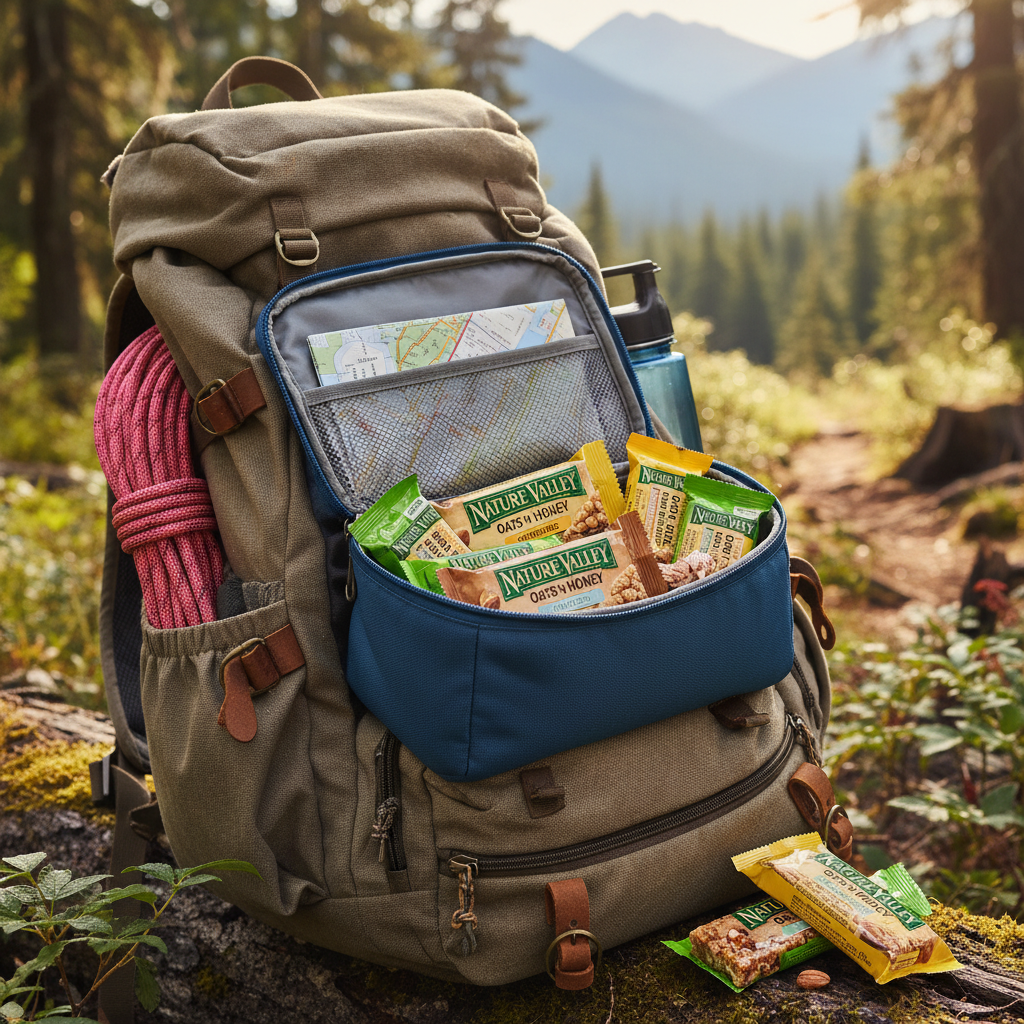 Nature Valley granola bars in lunch box and backpack for hiking and outdoor snacking