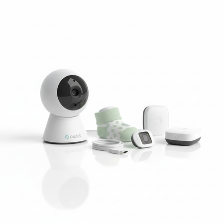 Owlet Dream Duo Ultimate Bundle with HD camera and Smart Sock baby monitor on white background