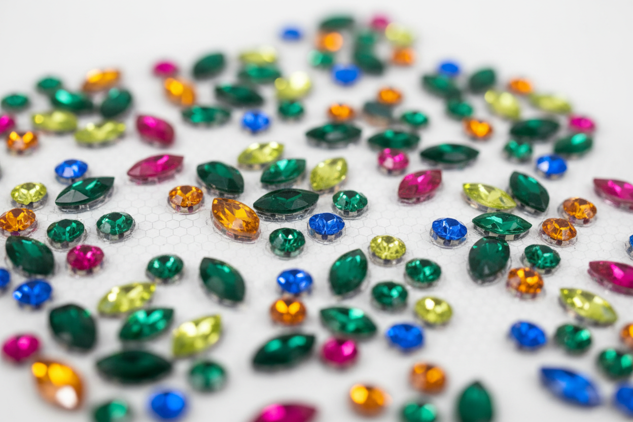 Close-up of green multi-color rhinestone bling stickers showing individual sparkling gems