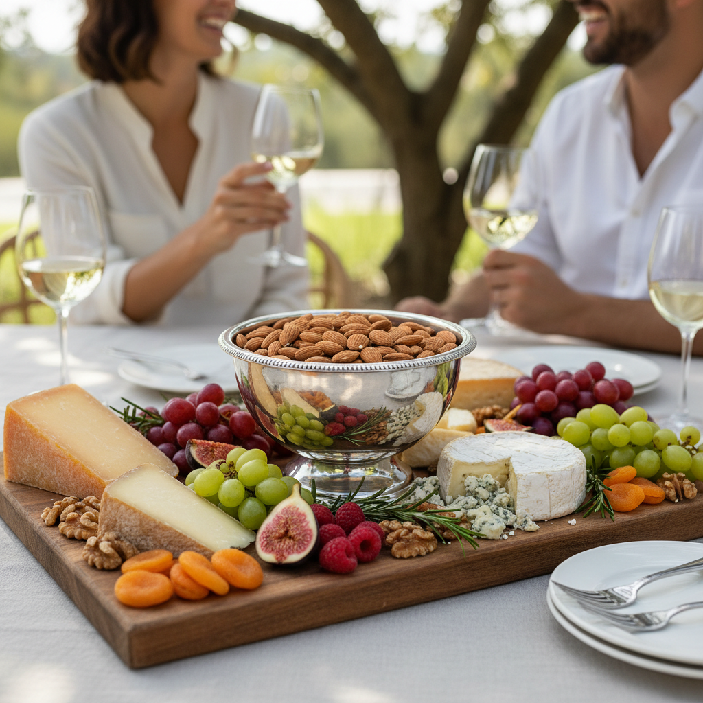 Almonds in elegant bowl on charcuterie board for entertaining