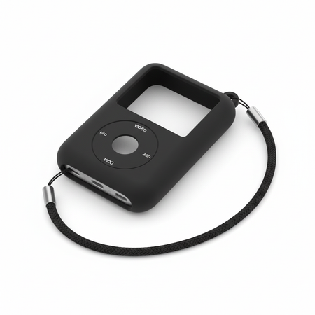 Black silicone case for iPod Video Classic with necklace lanyard on white background
