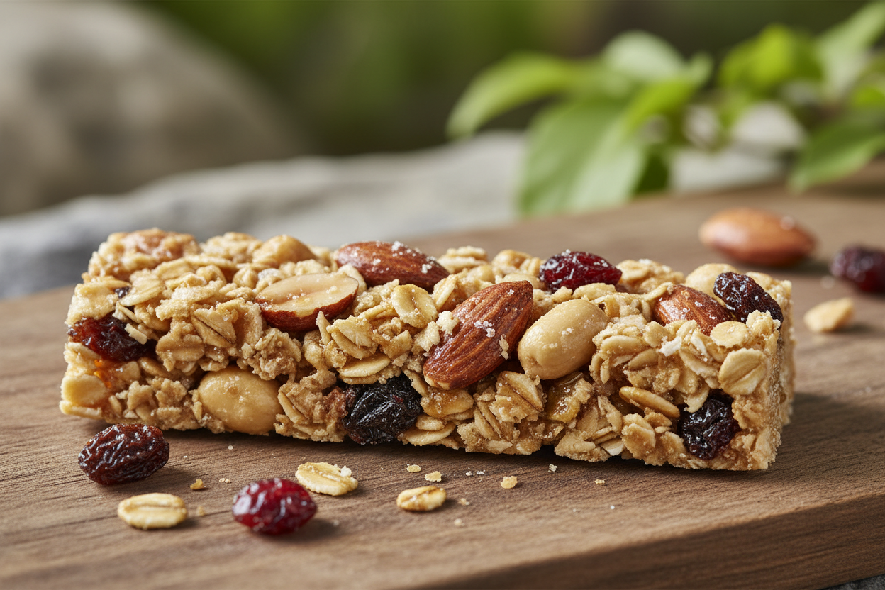 Close-up of Nature Valley trail mix granola bar showing whole grain oats almonds peanuts raisins cranberries