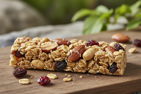 Close-up of Nature Valley trail mix granola bar showing whole grain oats almonds peanuts raisins cranberries
