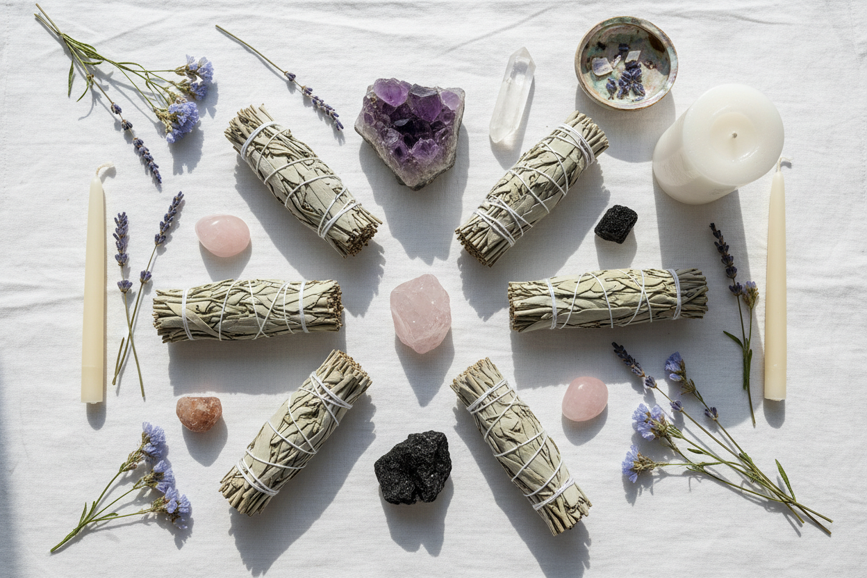 Elegant overhead flat lay of white sage smudge sticks with crystals and candles spiritual aesthetic